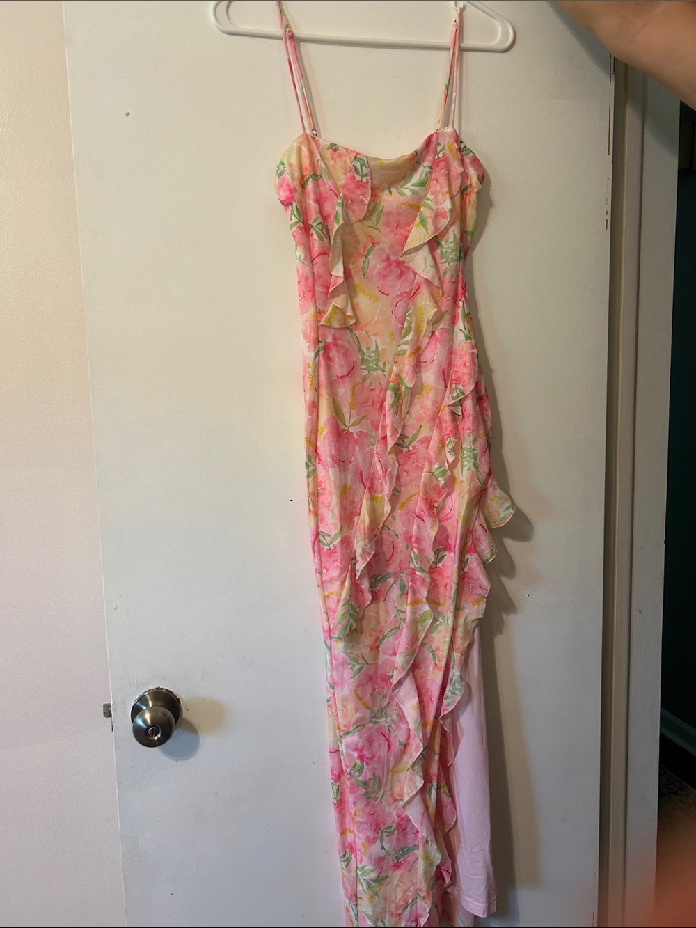 Floral Pink Ruffle Slip Dress